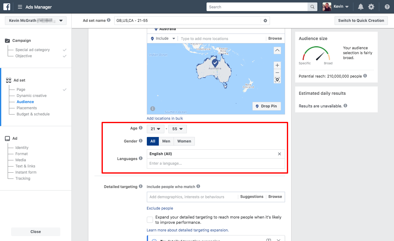 Selecting age, geneder and langauage demographics