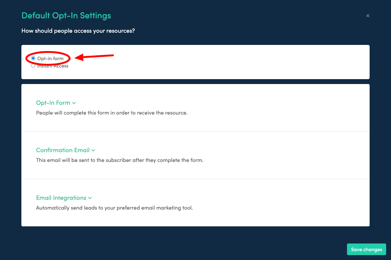 Screenshot of the opt-in settings screen highlighting the 'opt-in form' option