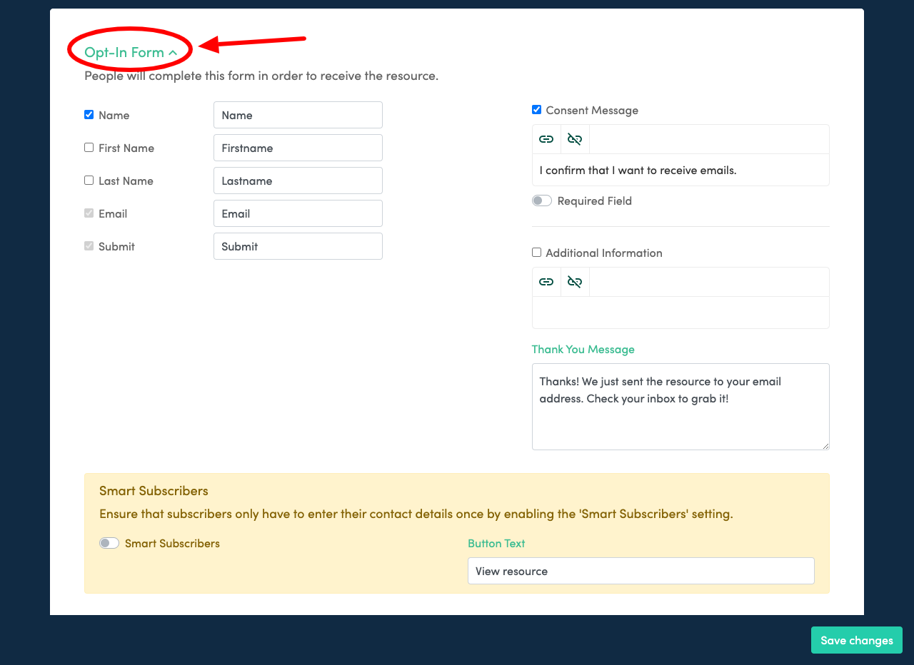 Screenshot of the 'opt-in form' settings