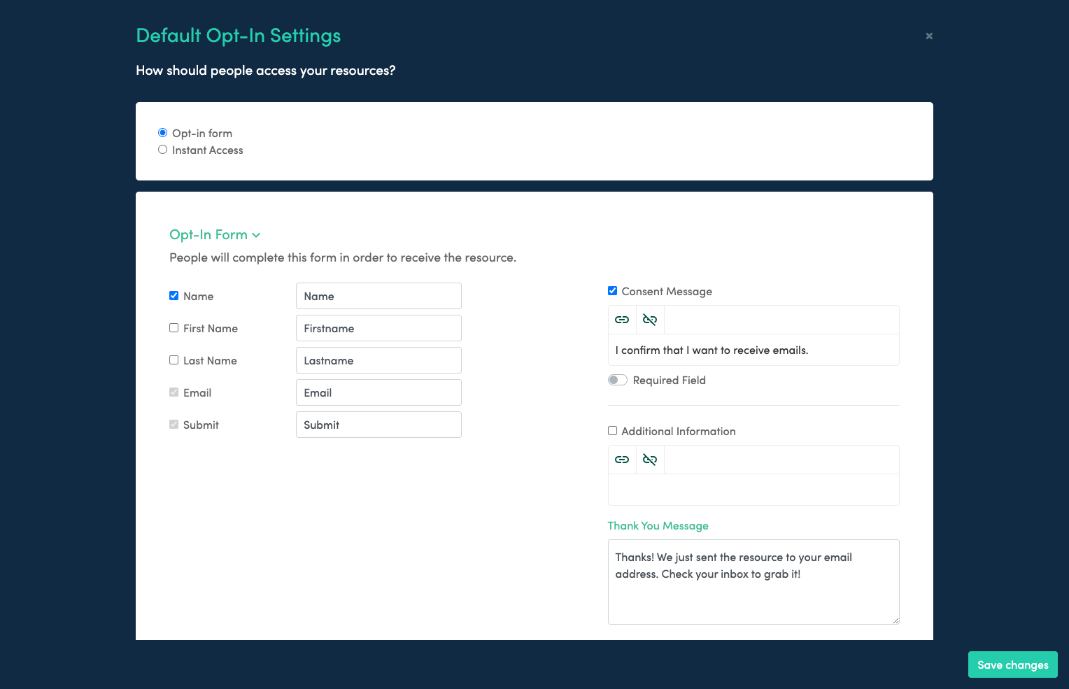 Screenshot of opt-in form settings