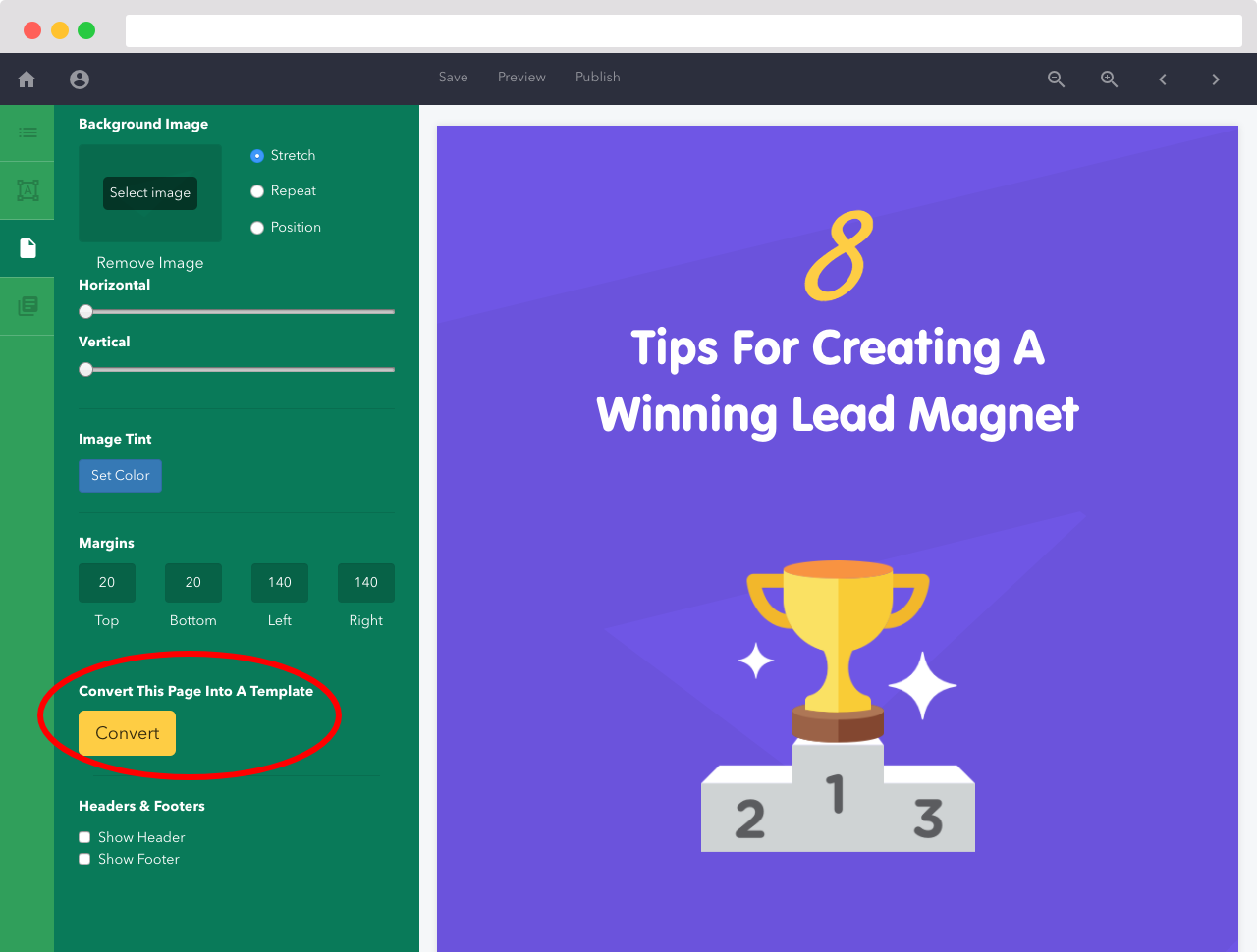 Screenshot of convert page button