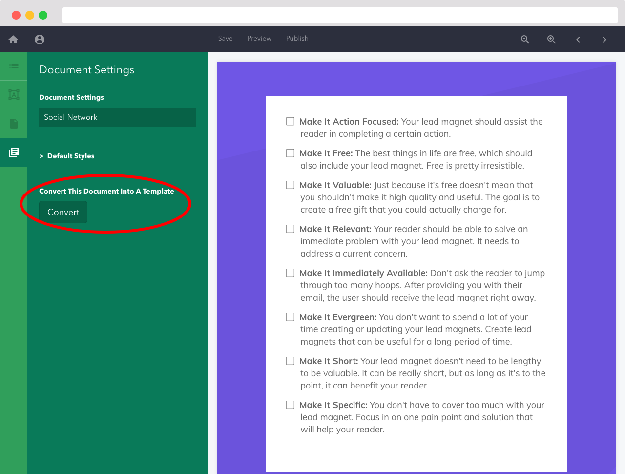 Screenshot of convert document button