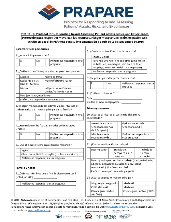 PRAPARE Screening Tool (Spanish)