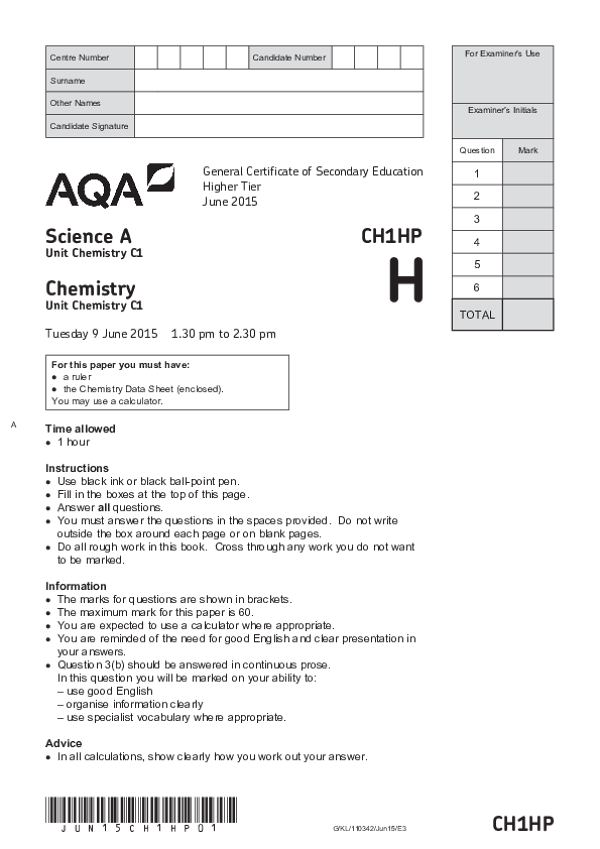 GCSE Science A: Chemistry C1, Higher Tier - 2015