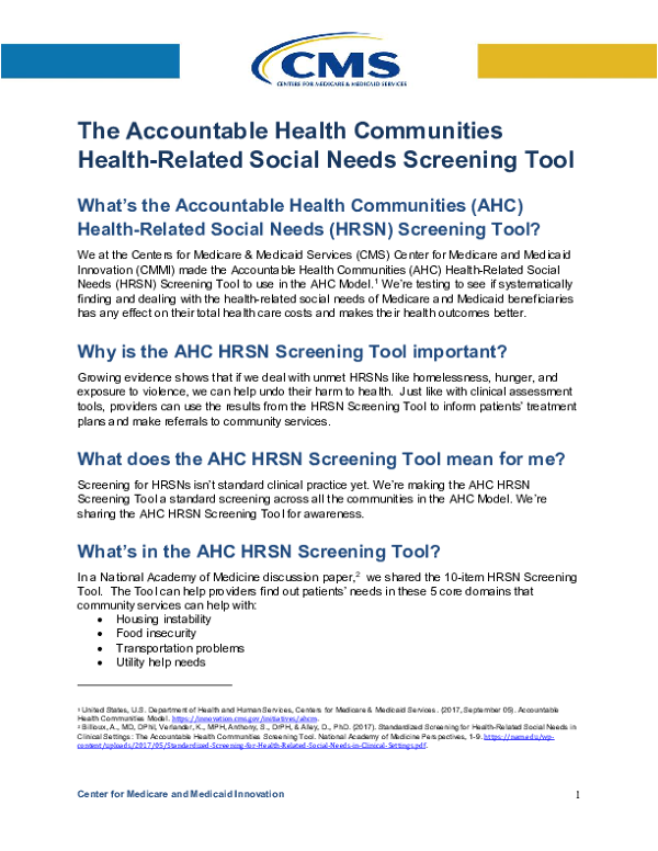 CMS - Health Social Needs Screening Tool