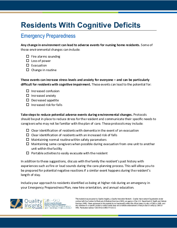Emergency Preparedness for Residents With Cognitive Deficits