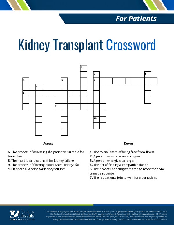 Kidney Transplant Patients Crossword + Answers