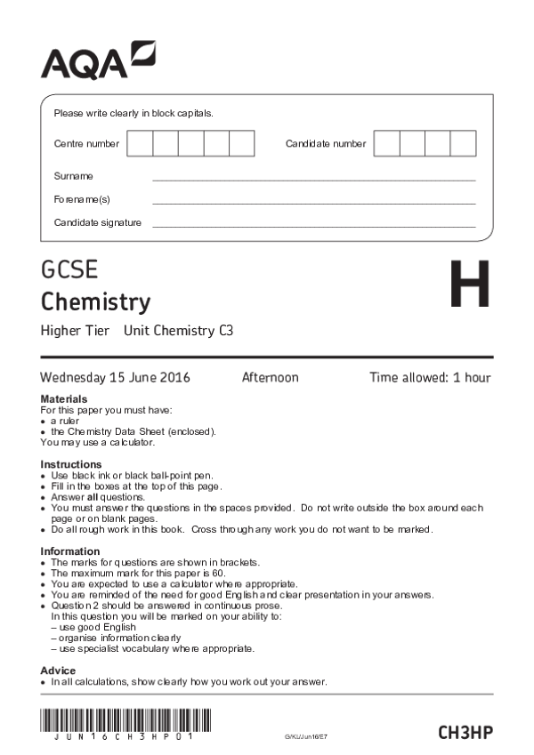 GCSE Chemistry: Unit Chemistry C3, Higher Tier - 2016