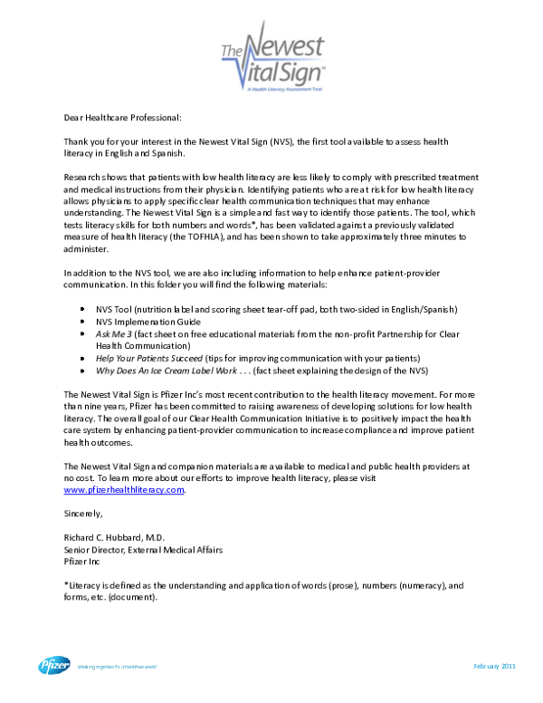 Newest Vital Sign – Health Literacy Assessment Tool
