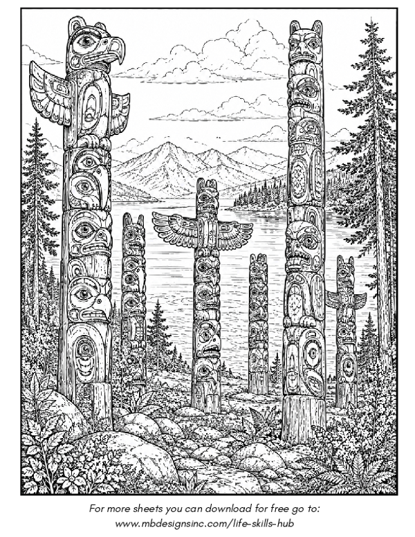 Colouring Sheet - Totem Poles