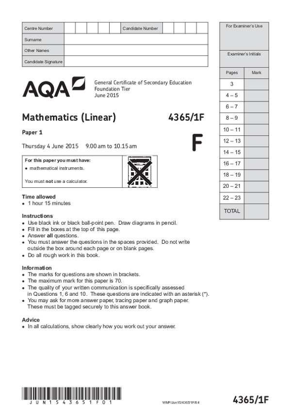 GCSE Mathematics, Foundation Tier, Paper 1 - Jun 2015.pdf
