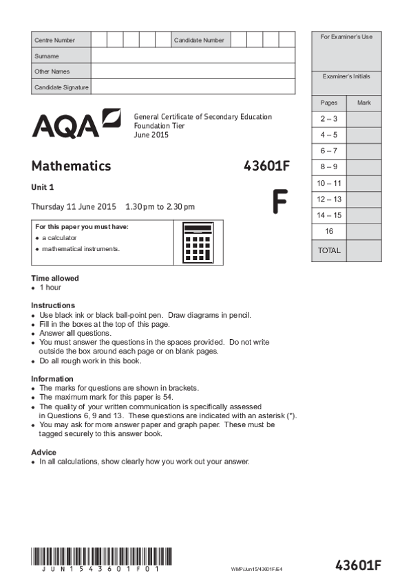 GCSE Mathematics, Foundation Tier, Unit 1 - Jun 2015.pdf