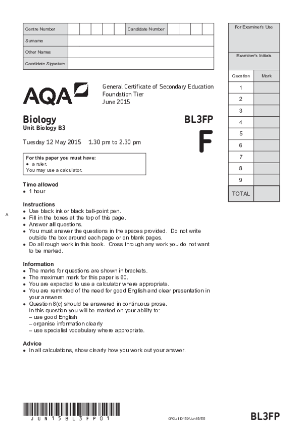 GCSE Biology, Foundation Tier, Paper B3 - 2015