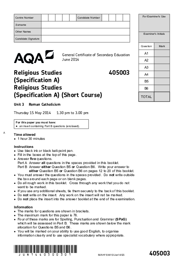 GCSE Religious Studies, Roman Catholicism - 2014.pdf