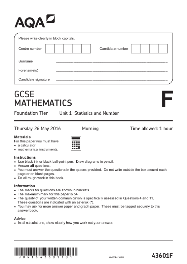 GCSE Mathematics, Foundation Tier, Unit 1 - Jun 2016.pdf