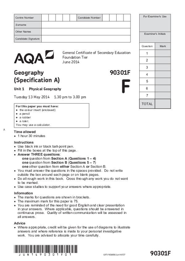 GCSE Geography, Spec A, Foundation Tier, Physical Geography - 2014.pdf