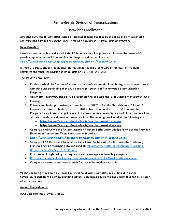 Pennsylvania Statewide Immunization Information System Provider Enrollment
