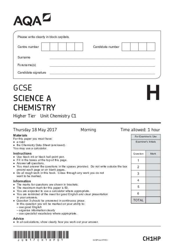 GCSE Science A: Chemistry C1, Higher Tier - 2017