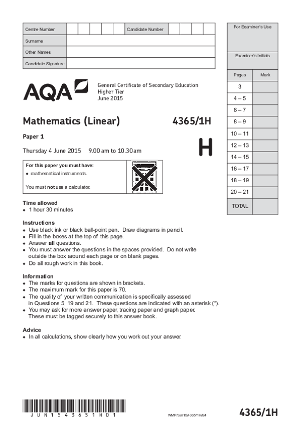 GCSE Mathematics, Higher Tier, Paper 1 - Jun 2015.pdf