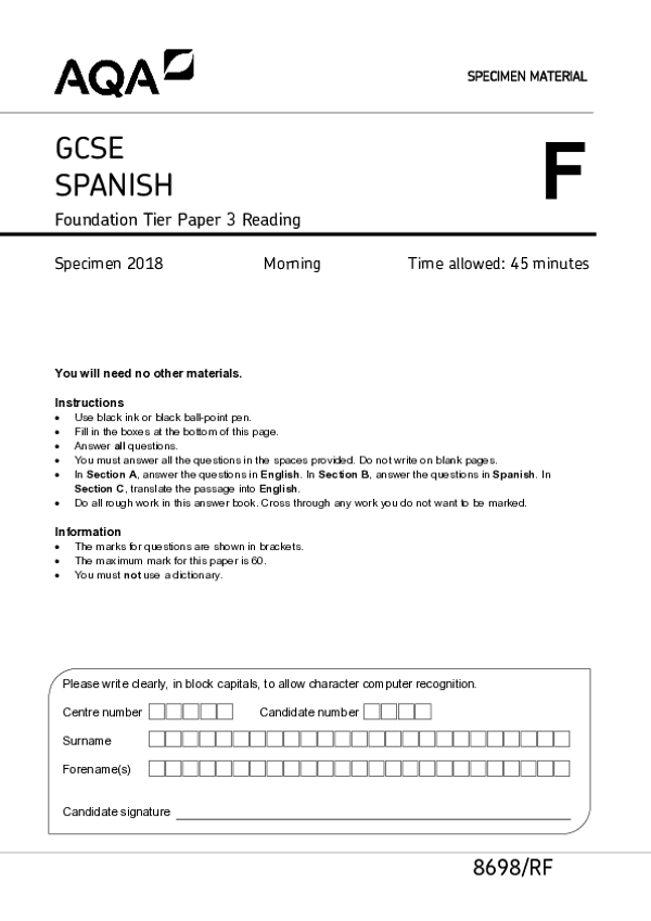 GCSE Spanish, Foundation Tier, Paper 3 Reading - 2018.pdf