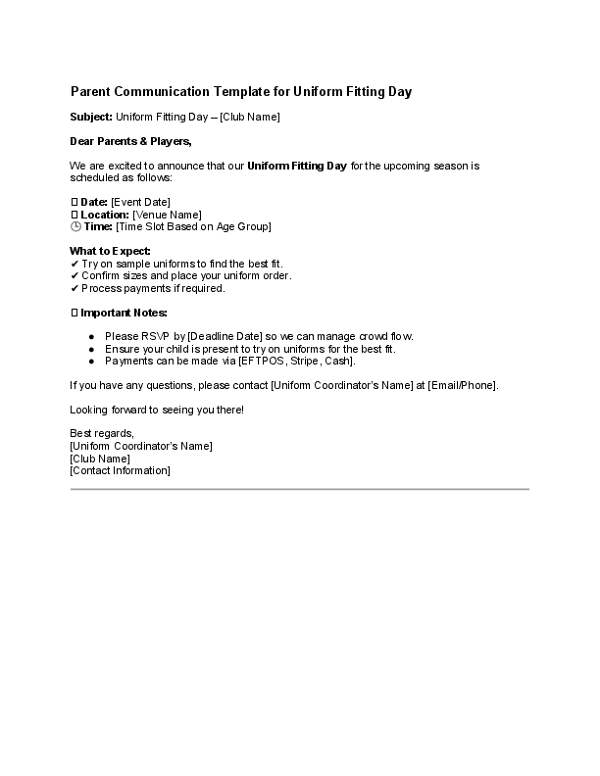 Parent Communication Template for Uniform Fitting Day.docx