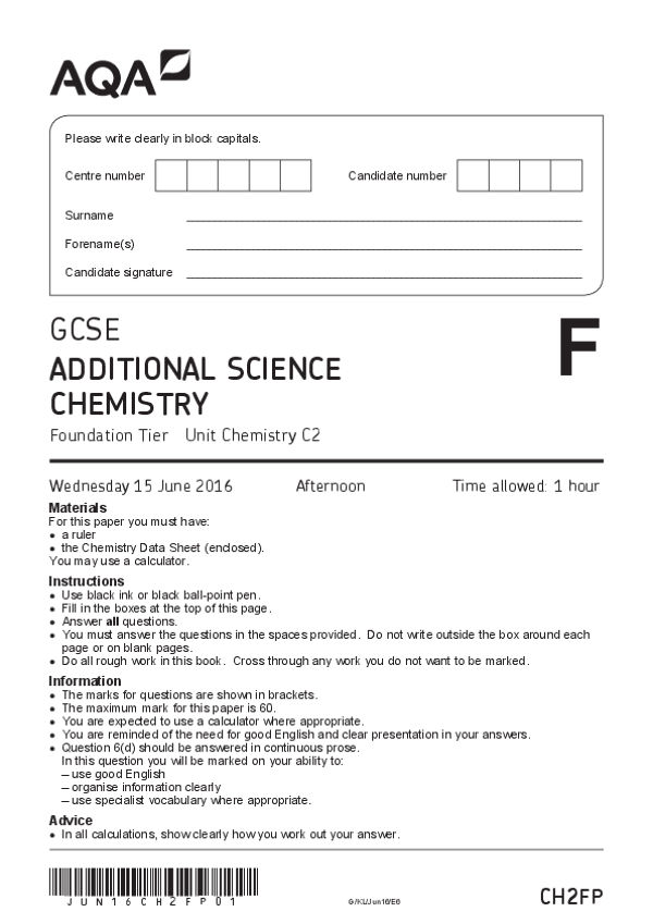 GCSE Additional Science: Chemistry C2, Foundation Tier - 2016