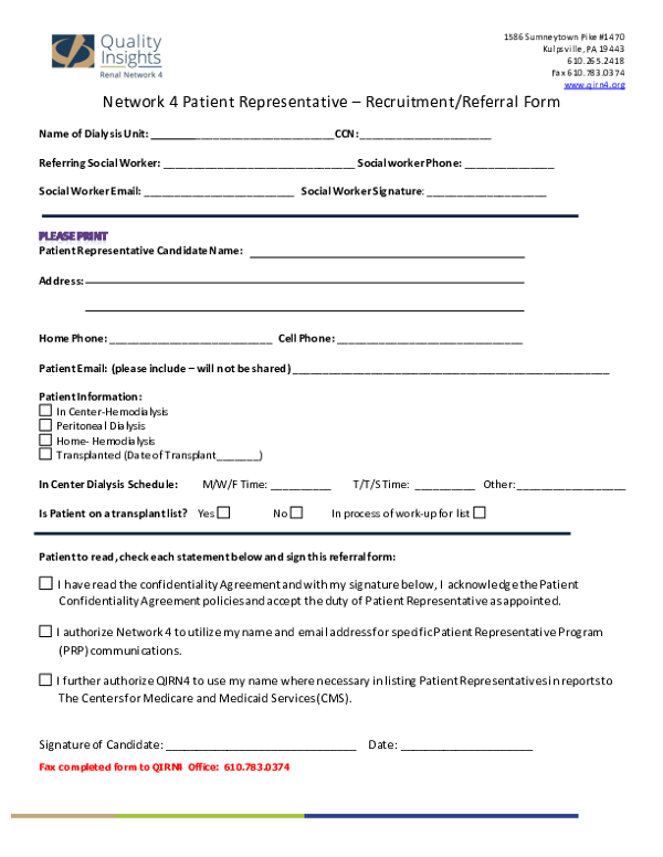 Patient Representative Recruitment/Referral Form