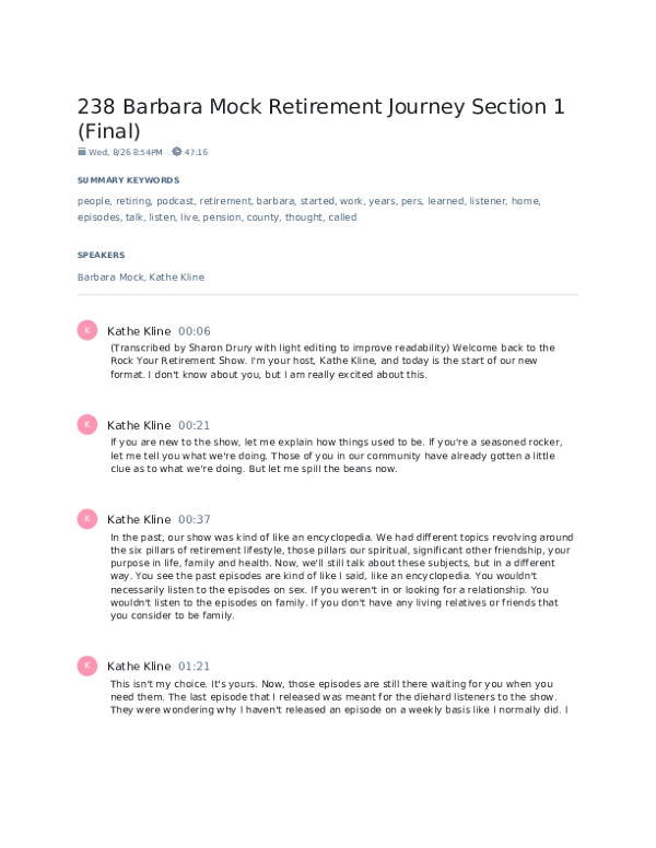 Episode 238  Barbara Mock Retirement Journey Transcription