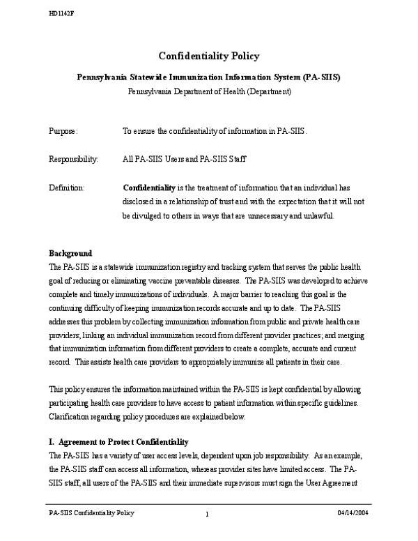 Pennsylvania Statewide Immunization Information System Confidentiality Policy