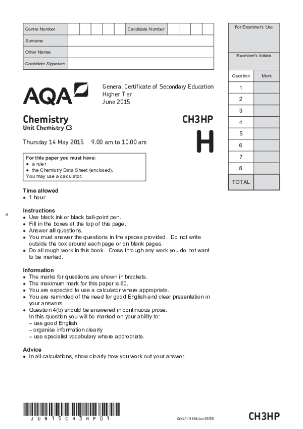 GCSE Chemistry: Unit Chemistry C3, Higher Tier - 2015