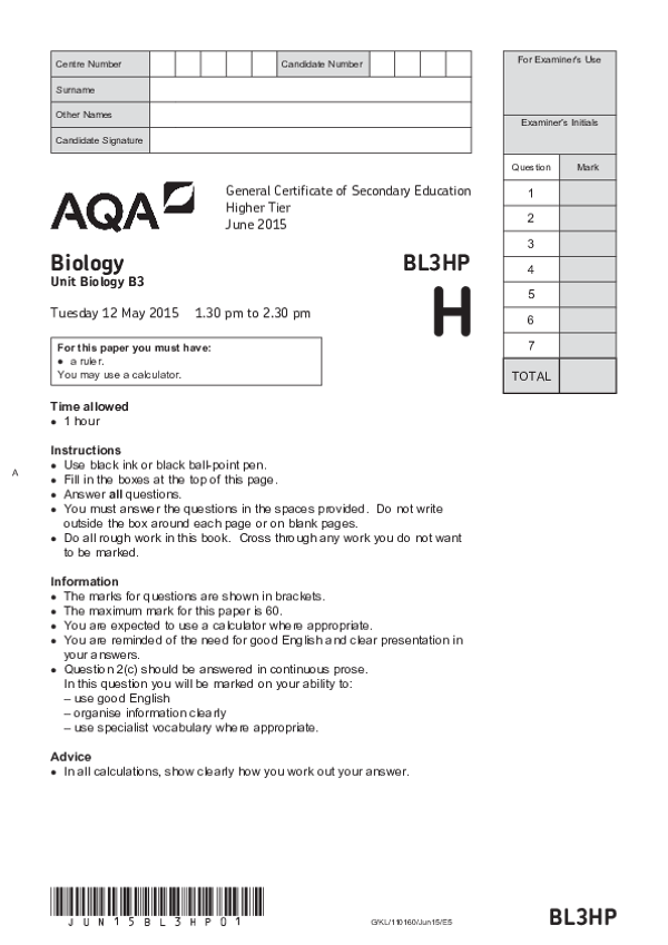 GCSE Biology, Higher Tier, Paper B3 - 2015