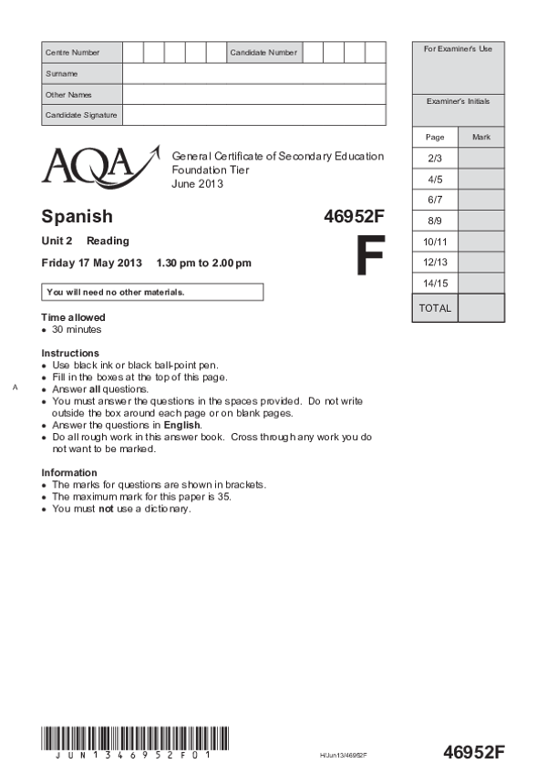 GCSE Spanish, Foundation Tier, Unit 2 Reading - 2013.pdf