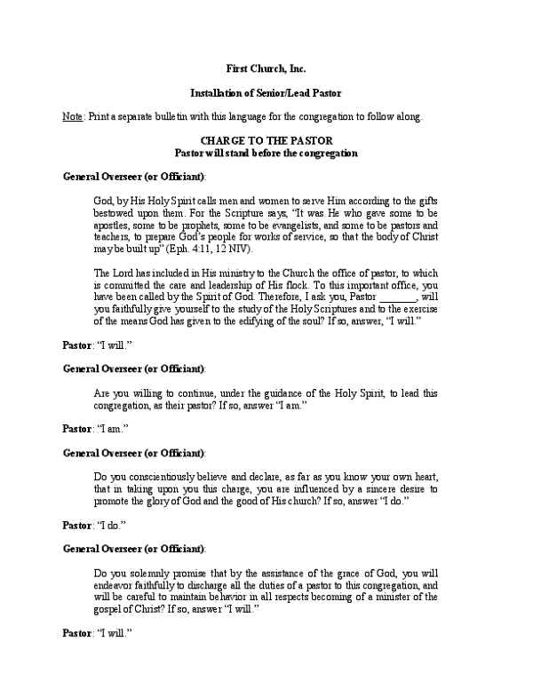 Installation of Senior or Lead Pastor