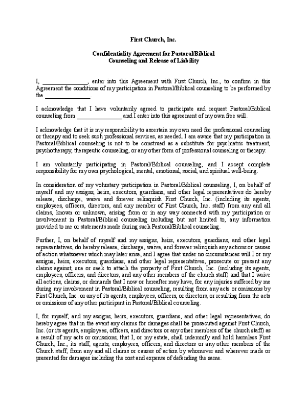 Confidentiality Agreement for Pastoral/Biblical Counseling and Release of Liability