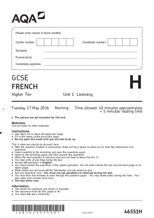GCSE French, Higher Tier, Listening - 2016.pdf