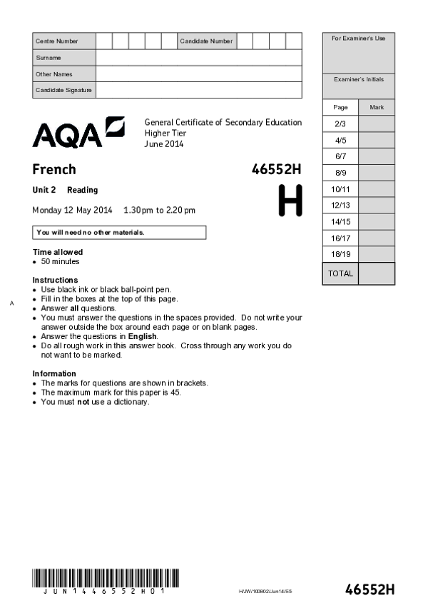 GCSE French, Higher Tier, Reading - 2014.pdf