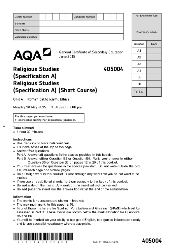 GCSE Religious Studies, Roman Catholicism Ethics - 2015.pdf