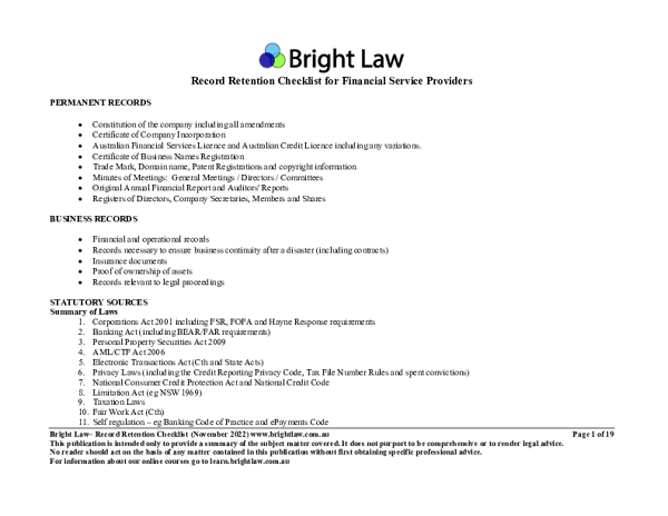 Bright Law Record Document Retention Checklist October 2022