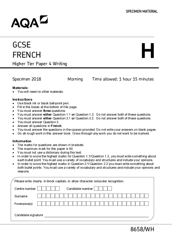 GCSE French, Higher Tier, Paper 4 Writing - 2018.pdf