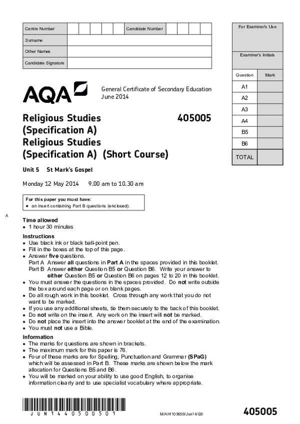 GCSE Religious Studies, St Marks Gospel- 2014.pdf