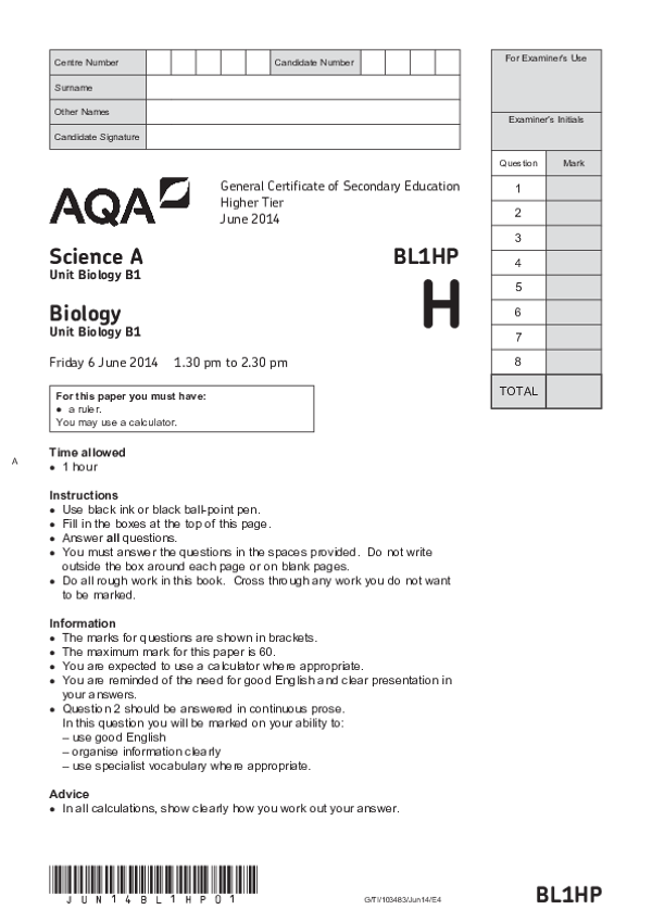 GCSE Science A: Biology, Higher Tier, Paper B1 - 2014