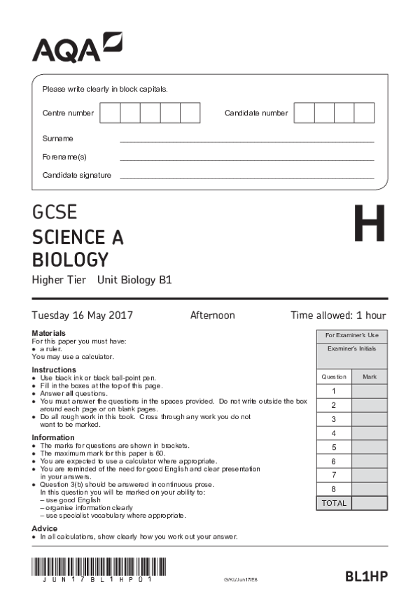 GCSE Science A, Unit Biology B1, Higher Tier, Paper B1 - 2017.pdf