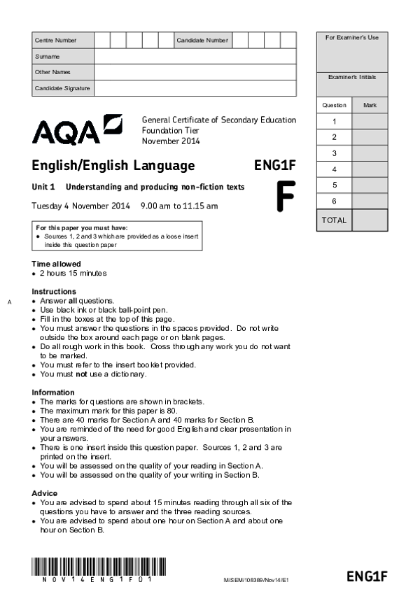 GCSE English, Foundation Tier, Unit 1 Understanding & Producing Non-Fiction Texts - 2014.pdf