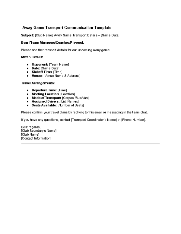 Away Game Transport Communication Template