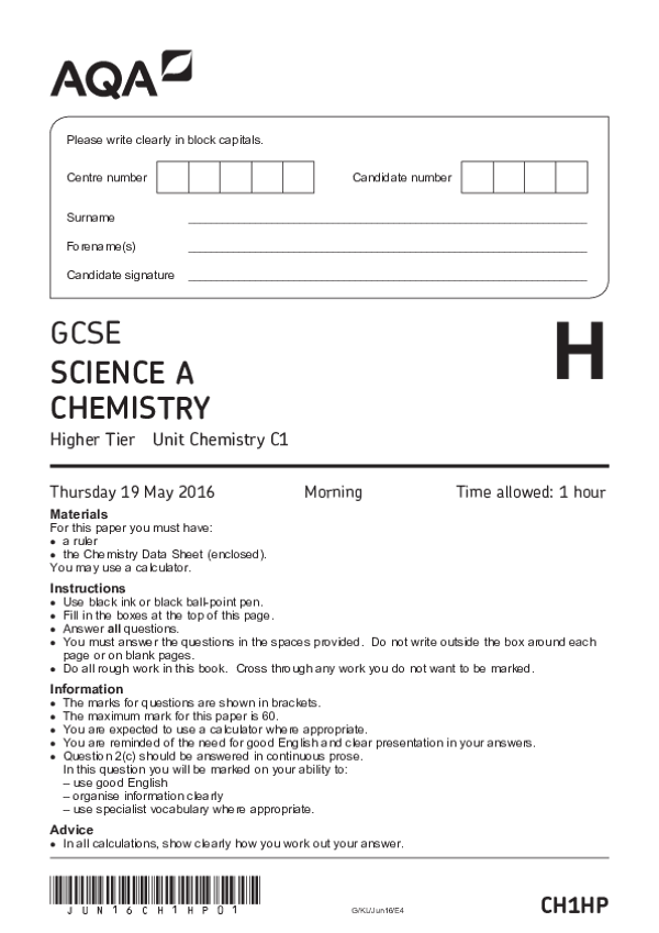 GCSE Science A: Chemistry C1, Higher Tier - 2016