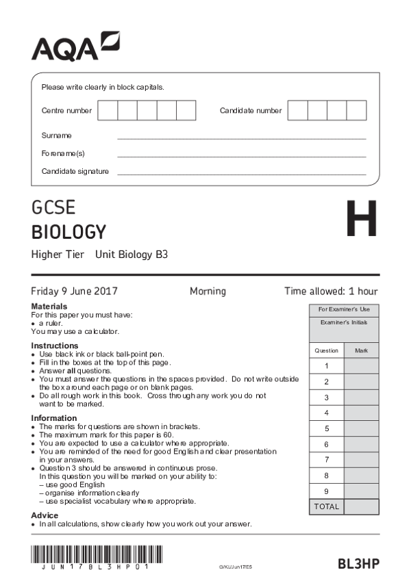 GCSE Biology, Higher Tier, Paper B3 - 2017