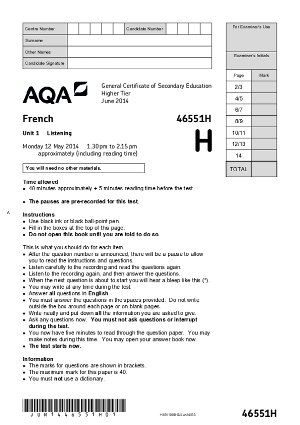 GCSE French, Higher Tier, Listening - 2014.pdf