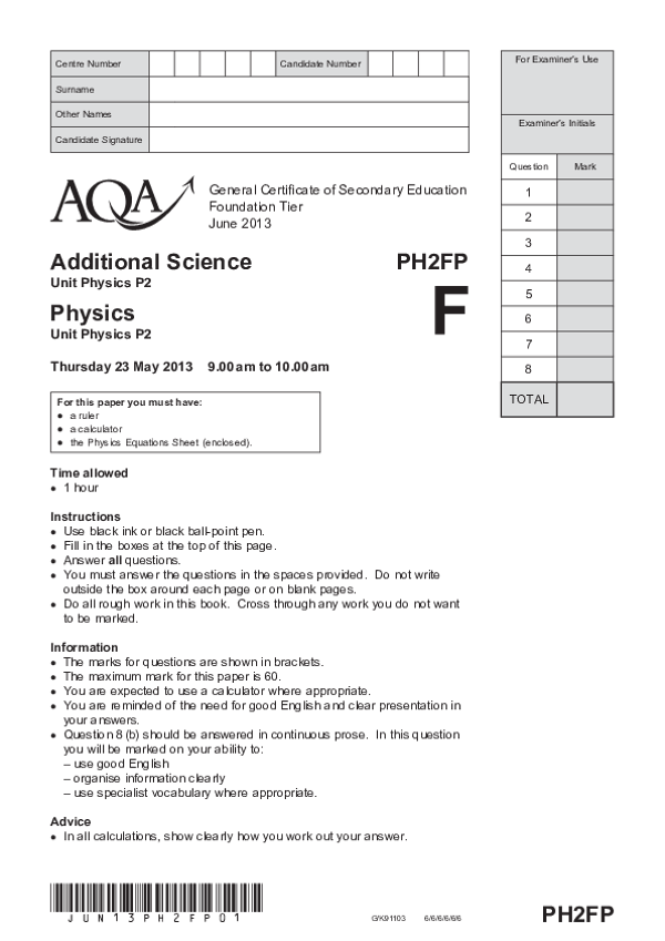 GCSE Additional Science Physics, Foundation Tier, Unit P2 - 2013.pdf