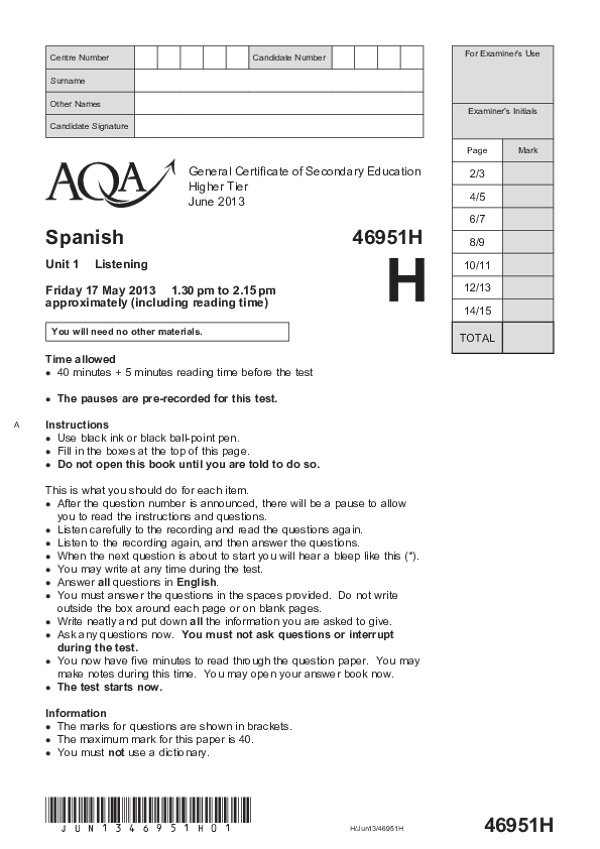 GCSE Spanish, Higher  Tier, Unit 1 Listening - 2013.pdf