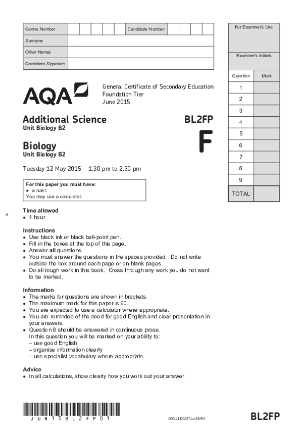 GCSE Additional Science: Biology, Foundation Tier, Paper B2 - 2015